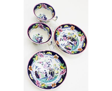 Two early 19th Century tea cups and saucers, possible Rockingham, stamped R mark to underside, circa 1840 (2)