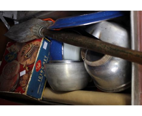 A box of various games and board games, Lego, tin trunk with portable cooking utensils, cased Brexton picnic, an American tre
