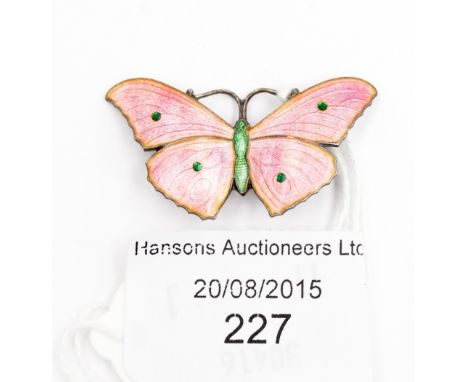 A George V silver and enamel Butterfly brooch, pink and green enamelling, J A and S, indistinct date letter, circa 1920 