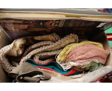 A collection of textiles including Welsh hessian, South American blankets, card table cloth, etc, together with six LP's and 