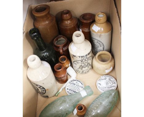 Two early Schweppes bottles, pale green aqua glass, Mackie bottle, early glass Bovril jar, various 19th Century stoneware ite