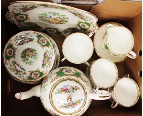 A Foley Broadway tea service including teapot, plates, sauces, cups, jug and bowl