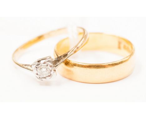 A 22ct gold wedding band, ring size 'N' four grams approx; together with a diamond solitaire illusion set ring, ring size 'N'