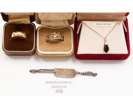 9ct gold ring, two other rings and silver bracelet and necklace.