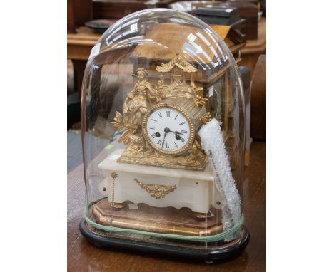 A French fin de siecle gilt spelter mantle clock, figural decoration on onyx base with two further wooden stands, pendulum an