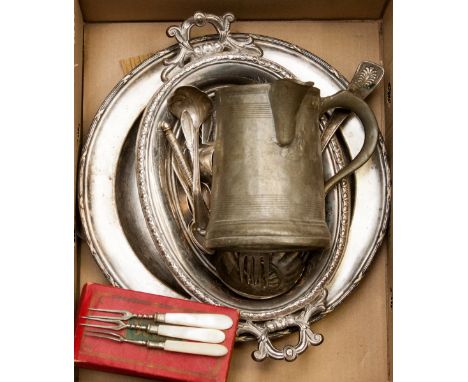 A collection of metalware including German, white metal dish (probably silver) napkin ring, pewter tankard, secessionist teas