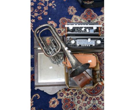 Two Roberts Radios, a hall mirror with shelf, drawer and cupboard, together with a box of assorted cameras and opera glasses,