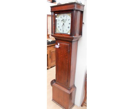 A George III oak longcase clock, circa 1800, with a 30 hour movement, the white enamelled dial inscribed 'S Halbet, Mansfield