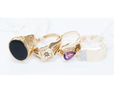 A gentlemen's 9ct and diamond signet ring, with a 9ct and onyx ring and two American yellow metal rings, one set with amethys
