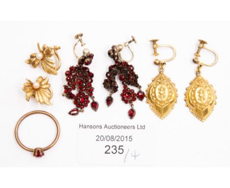 A pair of 18ct yellow gold and pearl leaf earrings with clip backs, a pair of garnet type pendant earrings and ring and silve