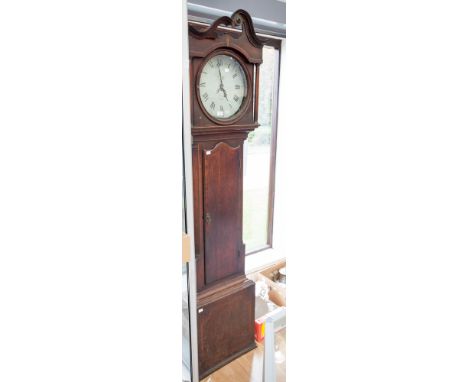 A George III oak long cased clock, circa 1790, .white enamel dial, inscribed Holliwell of Derby, the hood with a swan neck pe
