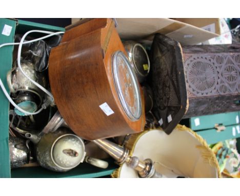 A box of assorted plated items, including an early 19th century Sheffield plate candlestick converted to a table lamp, togeth