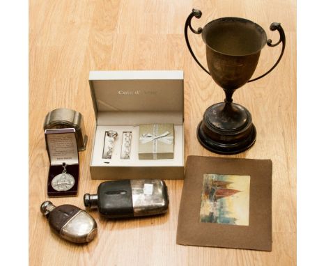 A plated trophy for M S Society Horse Show Challenge Cup, together with two hip flasks, a Westclox mantle alarm clock, etc.