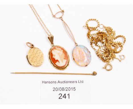 Various gold chains to include an opal a.f. pendant and chain and cameo (14k surround) pendant and chain approximately 10 gms