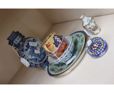 A pearl ware blue and white dish, a Cantonese Chinese plate, various other ceramics, including paperweight, Chinese bowls, et