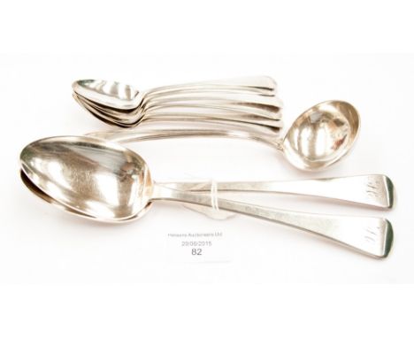 A George III silver sauce ladle, bears Monarch's head incise mark, Old English thread pattern, London 1785, together with a p