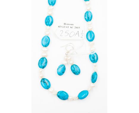 A Freshwater Pearl and Turquoise single strand necklace, with every two pearls interspaced with oval turquoise beads, fitted 