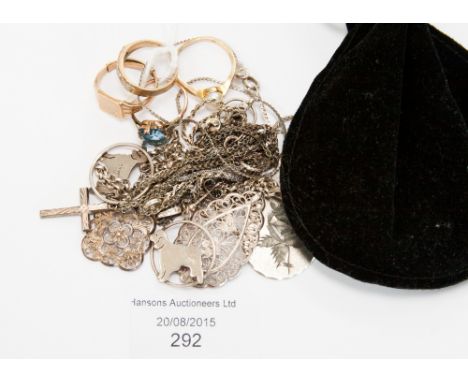 A quantity of silver jewellery, filigree work, etc, including a white metal multi strand necklace; together with a 9ct signet