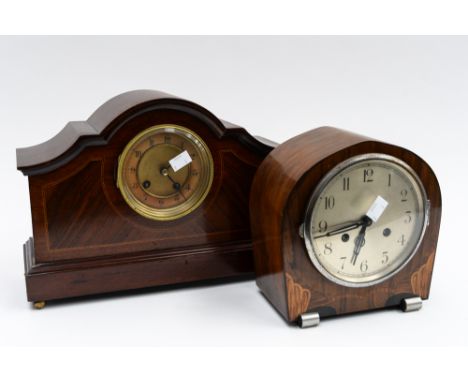 An Art Deco style mantle clock, with another mantle clock, both with Arabic numerals, both with keys (2) 