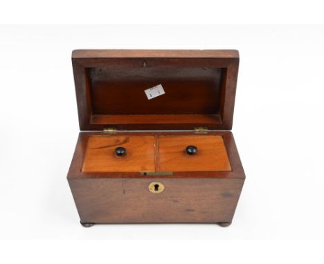 An early 19th Century mahogany tea caddy, sarcophagus form with twin lidded compartment, on bun feet 