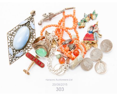 A silver 3d piece brooch, silver chain bracelet, coral necklace and some Roman style beads, etc to include enamel brooches an