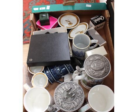 A box of assorted items including a Naples Capodimonte Empire style coffee can and saucer, together with a Mont Blanc boxed b