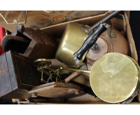 A collection of metalware and light fittings including kettle, chestnut roaster, oil lamps etc