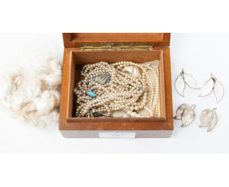 A camphor wood box with silver earrings, screw earrings, strings of pearls, an Edwardian 'Pearl' and turquoise opaque glass, 