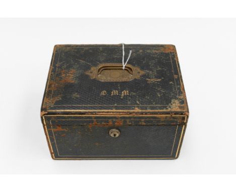 A Victorian leather bound jewellery box, made by C R Christie, London, diaper pattern, the interior with two trays lined in r