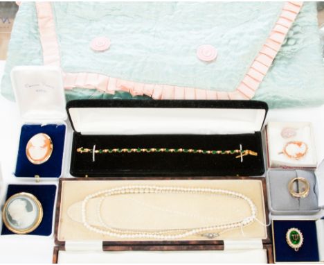 Cultured and synthetic pearls, gilt metal bracelet, cameo brooch, 'Vanessa' ring, Libra pendant, 14k surround, cameo pendant,