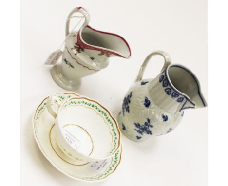 A Staffordshire pearl ware cabbage leaf moulded jug, together with another Neo Classical porcelain jug, circa 1790, and a Roc