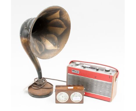 A tin plate gramophone, together with a Roberts red retro radio and a twin dial chess clock (3)