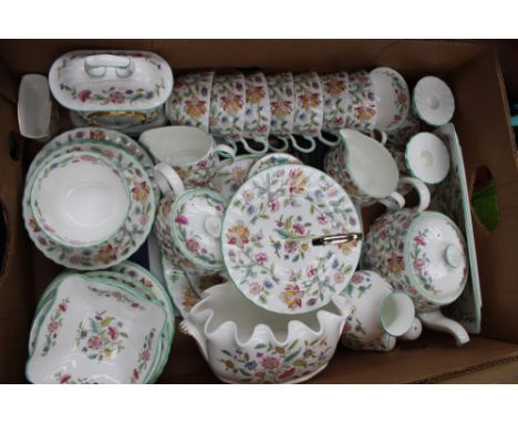 Minton Haddon Hall tea service, including clock, tea pot, hot water pot, cake strand, salt and pepper, candlesticks etc, for 