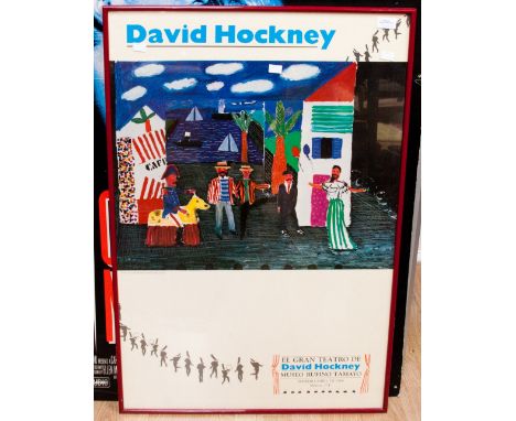 A framed poster advertising a David Hockney exhibition in Mexico, Feb to April 1984 