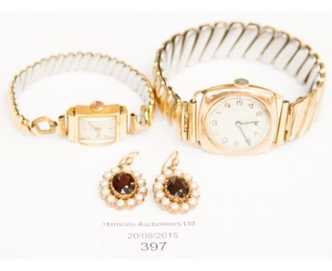 Pair of garnet and pearl cluster earrings and two wristwatches, one stamped 18k 
