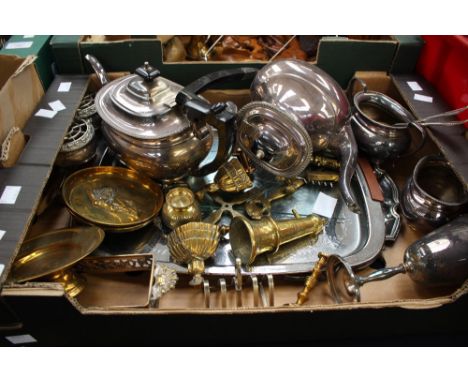 A silver plated tea set, brass items, treen, animals, scales, etc. (Two boxes)