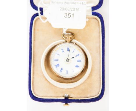 A late Victorian/Edwardian ladies pocket watch marked 9k, enamel dial with blue Roman numerals, blue case.