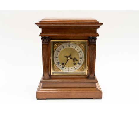 A Winterholder and Hofmeir oak bracket clock, gilt dial, Pidduck Hanley retailer (key and pendulum) 
