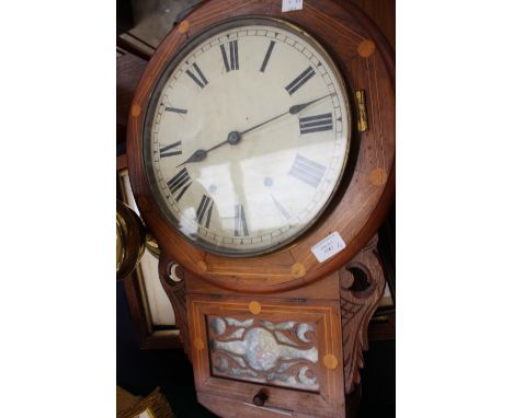 A late Victorian inlaid walnut wall clock with Roam numerals, together with an oil lamp with funnel and shade, and three prin
