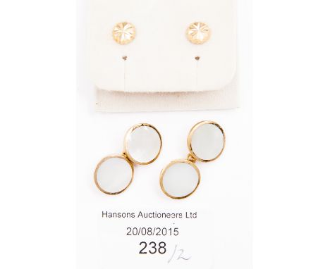A pair of 9ct gold stud earrings; together with a pair of yellow metal and mother of pearl cufflinks 