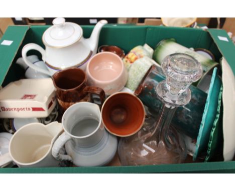 Three boxes of assorted ceramics and glass, including cranberry glass goblets, a naval part coffee set, a mother of pearl Dar