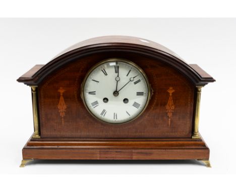 An Edwardian inlaid mahogany bracket clock (key and pendulum) 