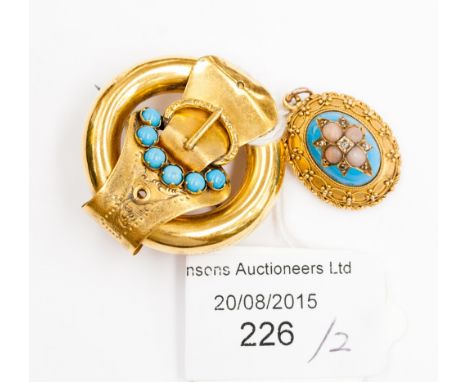 A mid Victorian circular brooch with buckle and turquoise stone detail together with an enamel, diamond and coral pendant, po