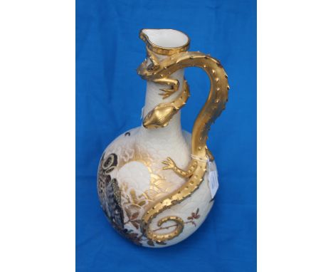 A Royal Worcester bulbous vase, the narrow neck entwined with a gold enamelled Dragon, the bulbous body of the vase having ha