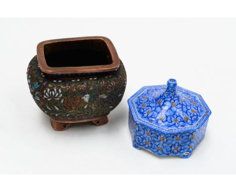 A Persian enamelled octagonal lidded box, foliate scroll design in blues; together with a Chinese cloisonné vase 