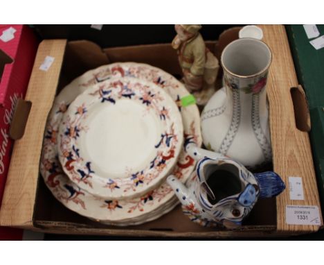 A collection of ceramics including Royal Worcester Monaco dinner plates, Crown Chelsea, Ironstone, Continental figures, etc.