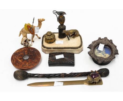 A small French marble and Ormolu inkwel on stand, together with owl amethyst stye inset letter opener, Oriental compass, cold