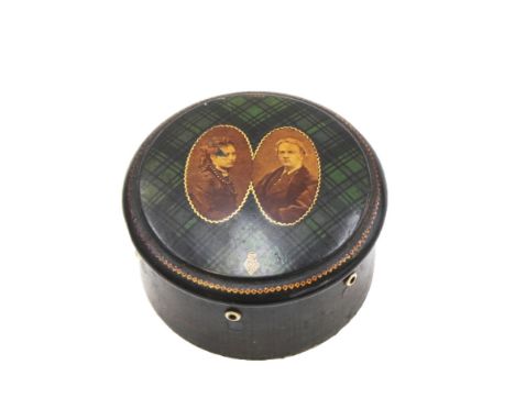 A Tartan ware sewing/reel box by Clark & Co, Paisley, decorated with a double portrait photograph and the Lorne tartan.