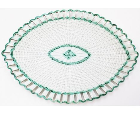 A late 18th or early 19th Century pearl ware lattice dish, of lozenge form, possibly Leeds, underglaze green banding with ret