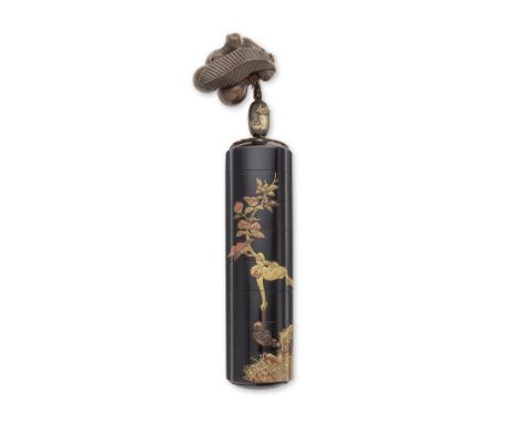 A BLACK-LACQUER SLENDER TALL SEVEN-CASE INROEdo period (1615-1868), probably 19th centuryThe slender tall rounded rectangular